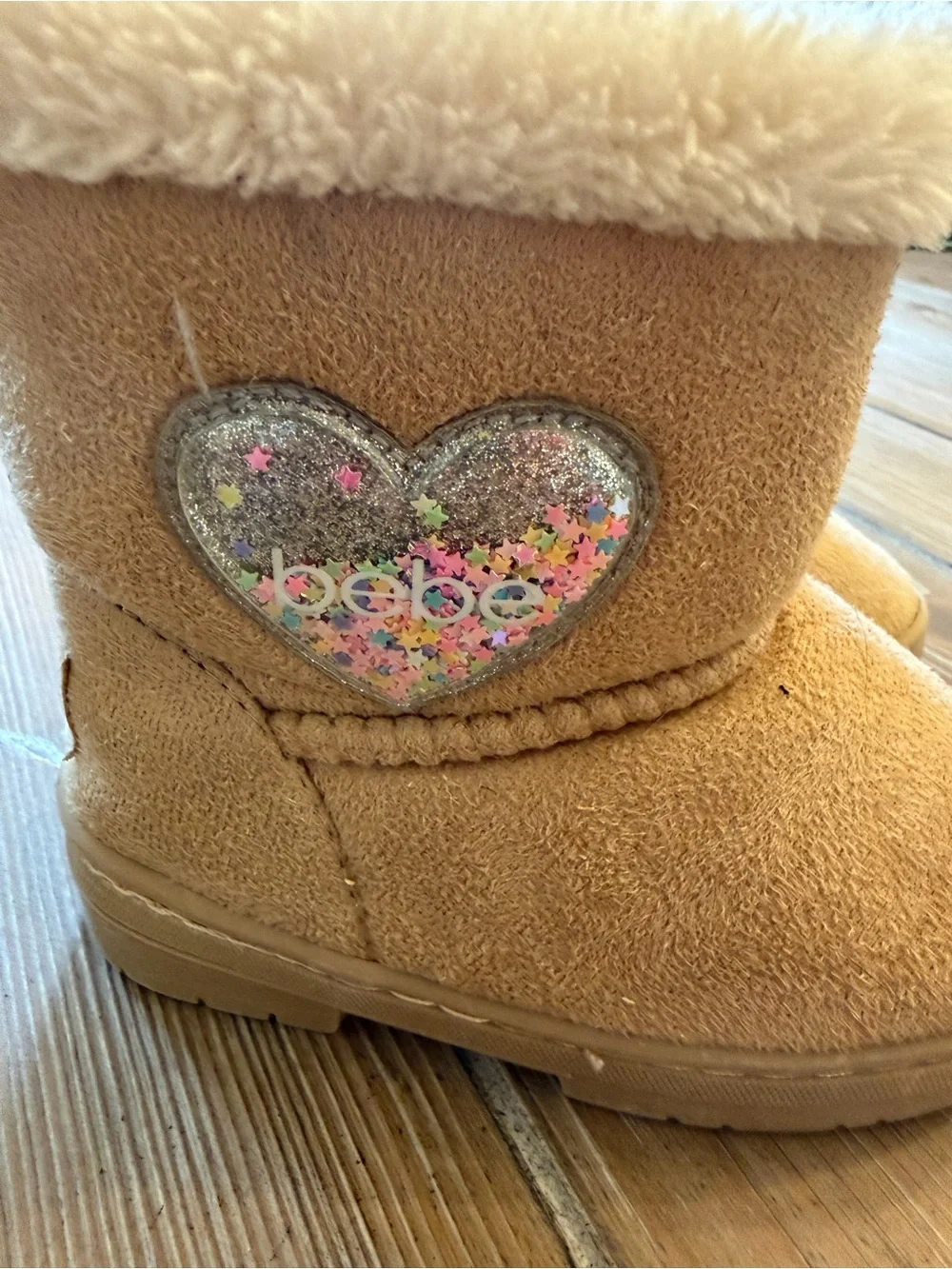 bebe Girls Tan Faux Fur-Lined Heart Patch Boots